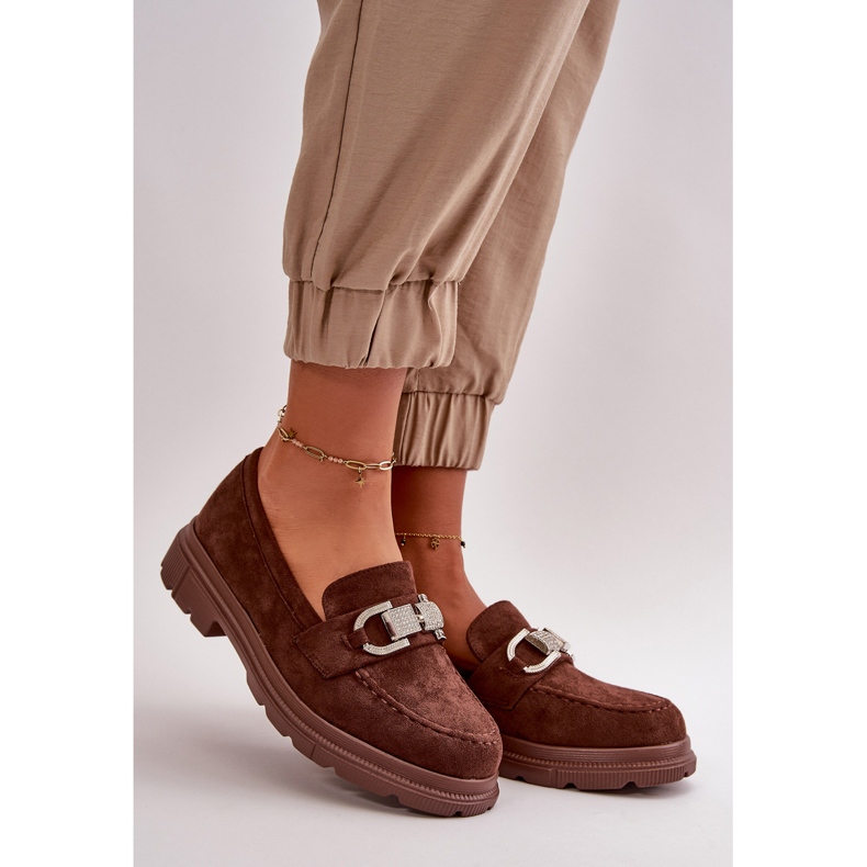 Mocassins femininos de camurça ecológica com decoração, glicínias marrons marrom 1