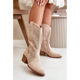 Botas de cowboy femininas perfuradas com salto alto, bege Iceda 2