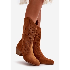 Botas de cowboy femininas a céu aberto com salto alto camelo Iceda castanho 1