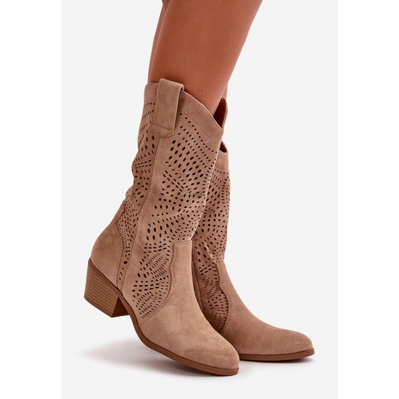 Botas de cowboy femininas perfuradas com salto alto, marrom Iceda 1