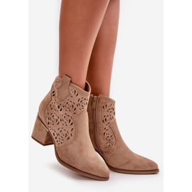 Botas de cowboy perfuradas com salto alto e zíper, Bege Vosilara 1 Botas de cowboy perfuradas com salto alto e zíper, Bege Vosilara 1