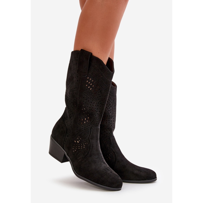 Botas de cowboy femininas perfuradas com salto alto, Black Iceda preto 1
