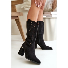 Botas femininas abertas de salto alto com bico fino, camurça ecológica preta Nevithra preto 2