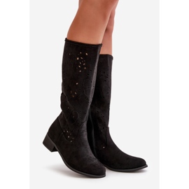 Botas femininas perfuradas com salto baixo em camurça ecológica presas com zíper orquídeas pretas preto 1