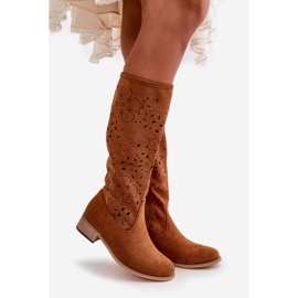 Botas femininas de salto alto perfuradas, camurça ecológica, fechadas com zíper, orquídeas camelo marrom 1