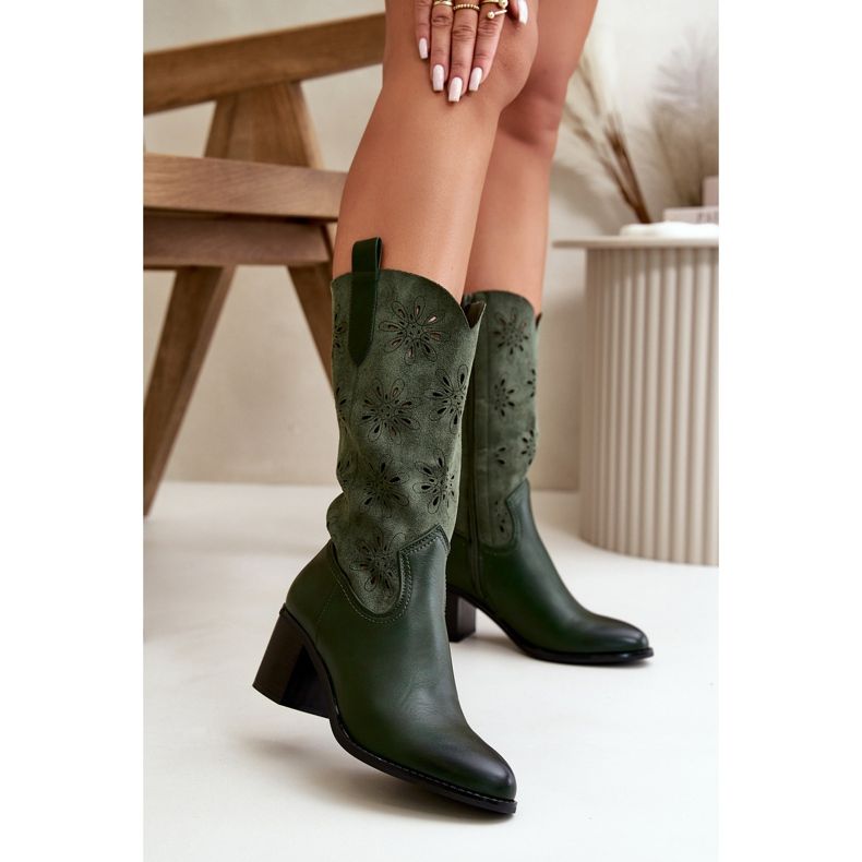 Jezzi Botas femininas de meia panturrilha abertas feitas de camurça ecológica Nevilos verde 2