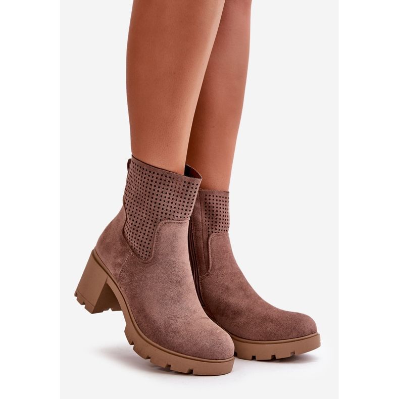 Jezzi Botins femininos de salto alto, fechados com zíper, camurça ecológica marrom Rashmi 1