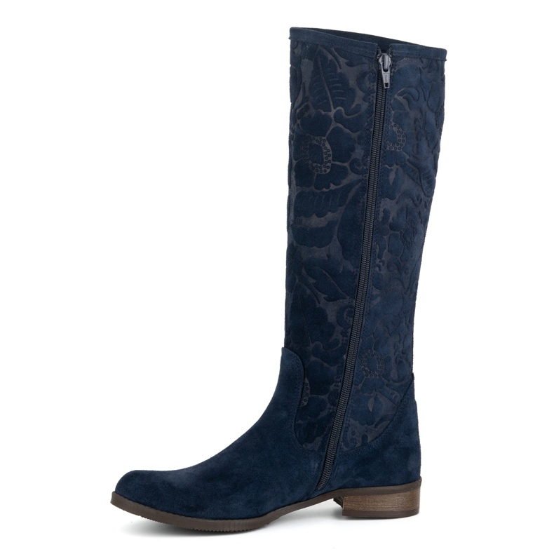 Olivier Botas femininas de camurça em couro natural com flores Emma em relevo, azul marinho 1