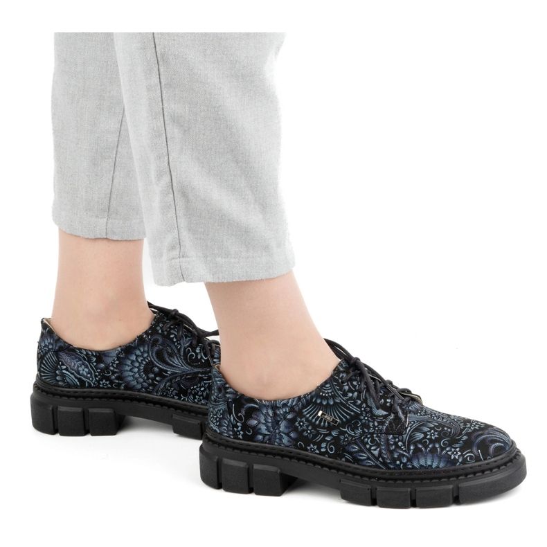 Olivier Sapatos femininos de couro com sola grossa, flores 1134, azul multicolorido 1