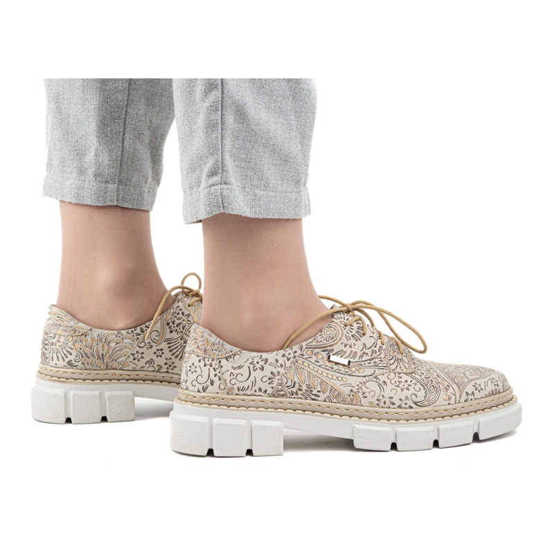 Olivier Sapatos femininos de couro com sola grossa, flores 1134, bege 2