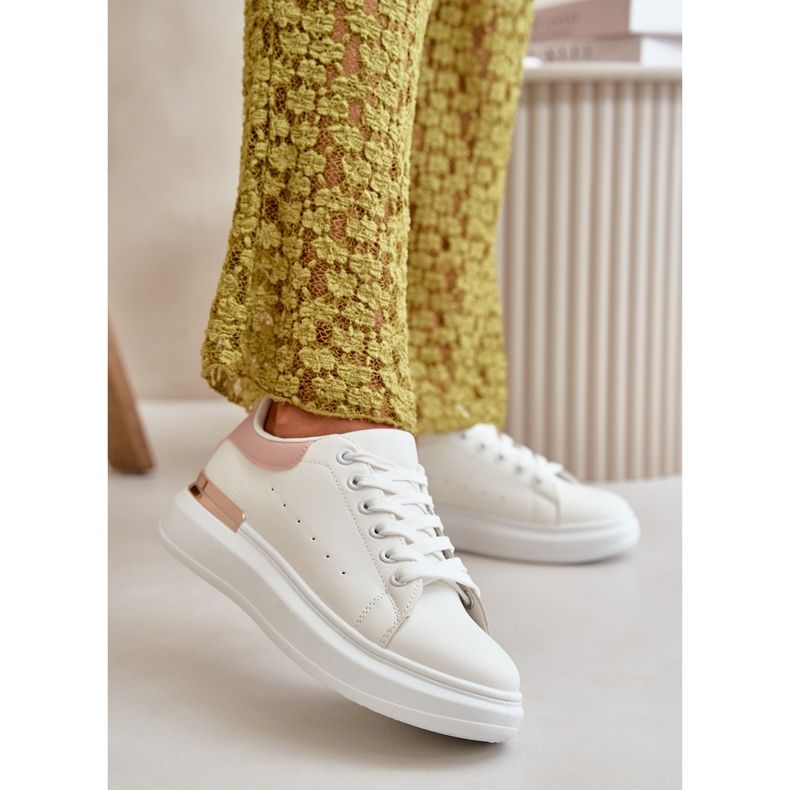 Tênis feminino de cano baixo com plataforma em couro ecológico, branco e rosa, Nevelena 2