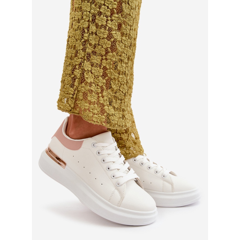 Tênis feminino de cano baixo com plataforma em couro ecológico, branco e rosa, Nevelena 1