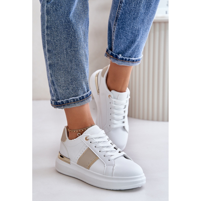 Tênis femininos elegantes com plataforma em couro ecológico, bege Nevisase branco 1