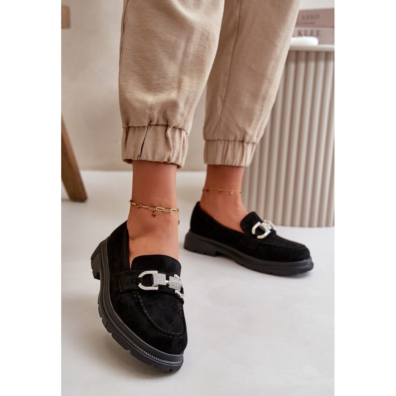 Mocassins femininos de camurça ecológica com decoração, glicínias pretas preto 2