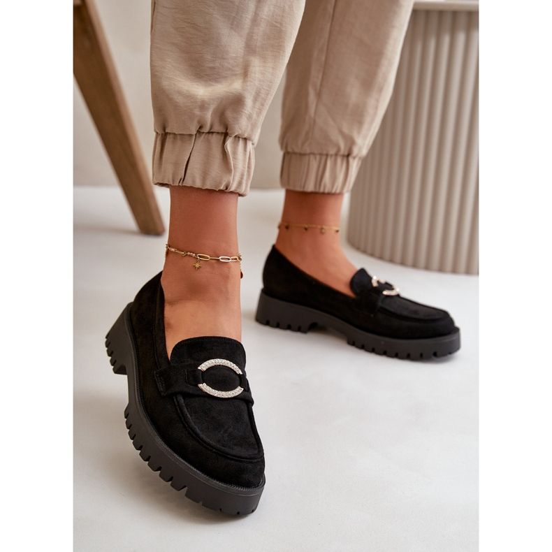 Mocassins femininos em camurça ecológica com detalhes brilhantes pretos Avellina preto 2