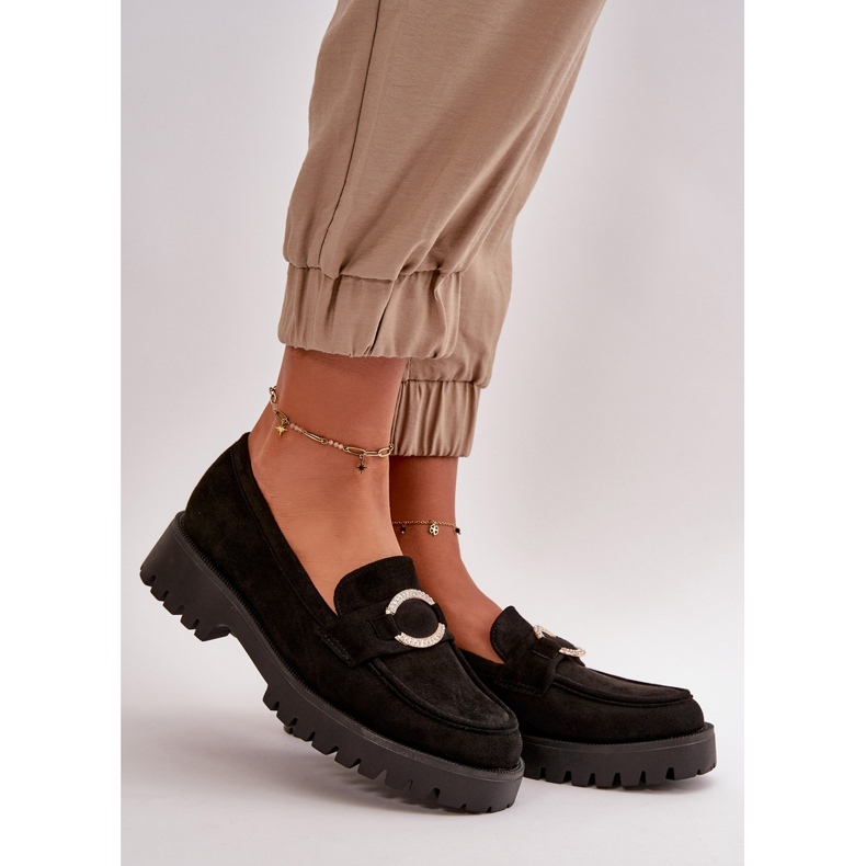 Mocassins femininos em camurça ecológica com detalhes brilhantes pretos Avellina preto 1