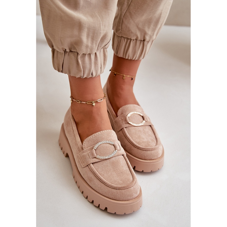 Mocassins femininos em camurça ecológica com detalhe brilhante bege Avellina 1