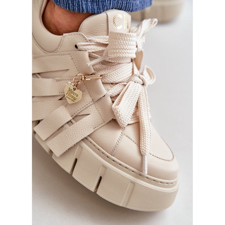 Tênis feminino de couro com plataforma bege CheBello 4568 2