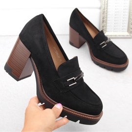 Sapatos de camurça, mocassins femininos de salto alto, pretos Potocki 12465 1