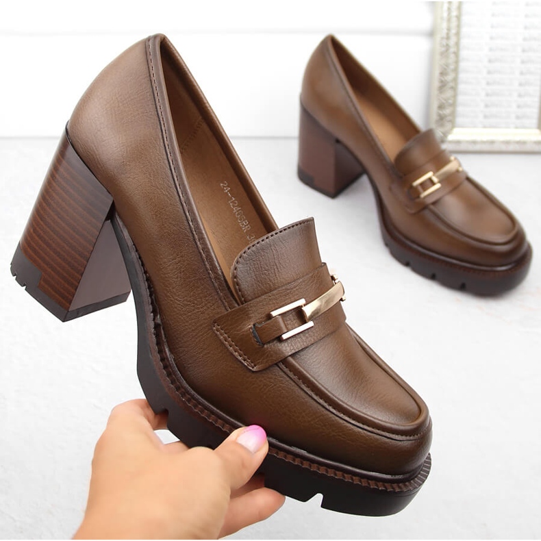 Sapatos mocassins femininos marrons com salto alto, Potocki 12465 castanho 1