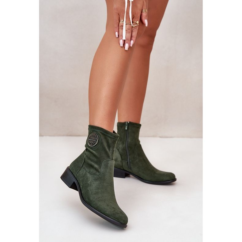 Botins Femininos Fechados com Zíper e Detalhe Decorativo, Eco Camurça Verde Lerioria 2