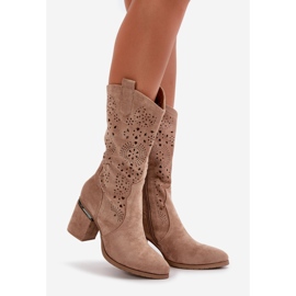 Botas cowboy femininas com salto alto eco camurça bege S.Barski HY42-028 1