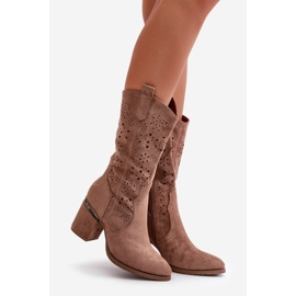 Botas cowboy femininas com salto alto eco camurça marrom S.Barski HY42-028 1