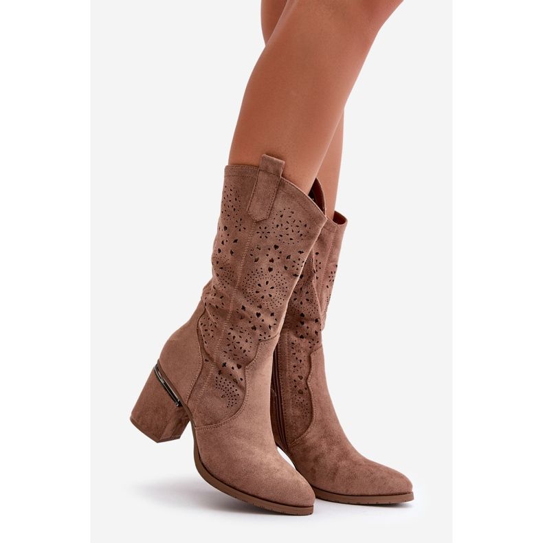 Botas cowboy femininas com salto alto eco camurça marrom S.Barski HY42-028 1