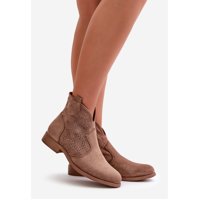 Botas femininas perfuradas com salto plano marrom S.Barski HY42-151 1