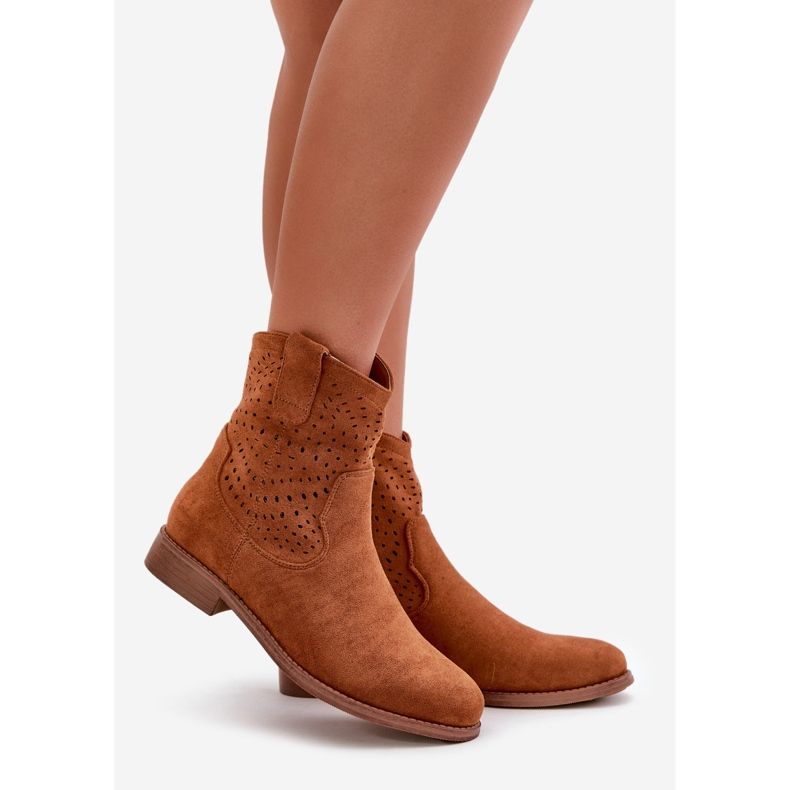Botas femininas abertas com salto plano Camel S.Barski HY42-135 castanho 1