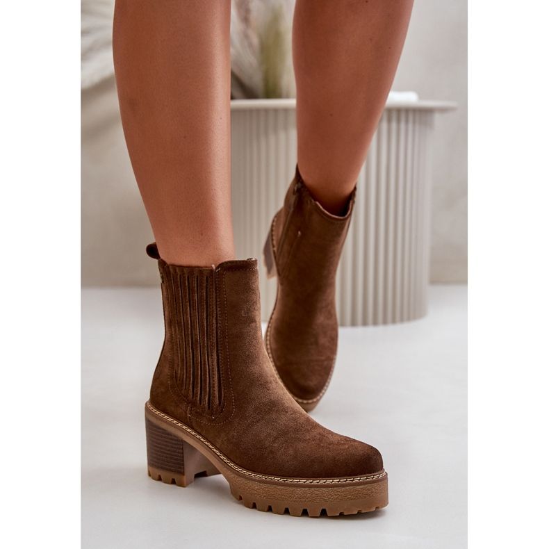 Botas femininas de salto alto em camurça ecológica, marrom escuro quente Nevitas castanho 2