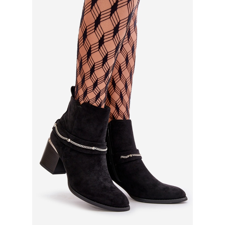 Botins femininos isolados com salto alto e corrente, camurça ecológica preta, Hanalen preto 1