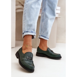 Zazoo 20174 sapatos femininos elegantes de couro de salto baixo, verde escuro 2