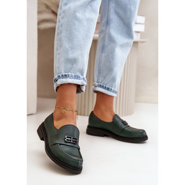 Zazoo 20174 sapatos femininos elegantes de couro de salto baixo, verde escuro 2