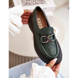 Sapatos mocassins femininos Zazoo 20176, couro natural, verde escuro 2
