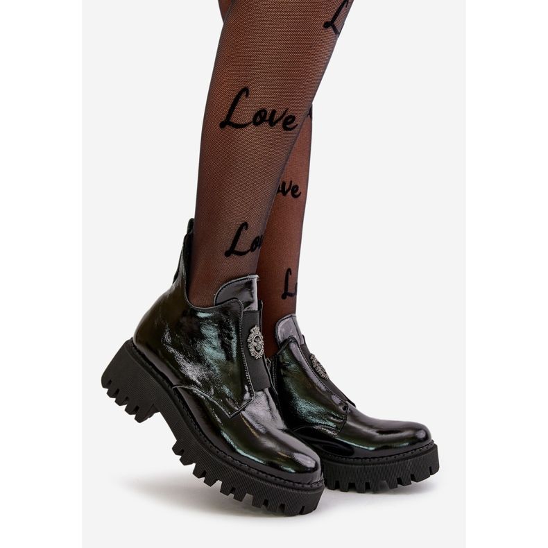 Zazoo 60451 Botins femininos de couro com decoração, preto envernizado 1