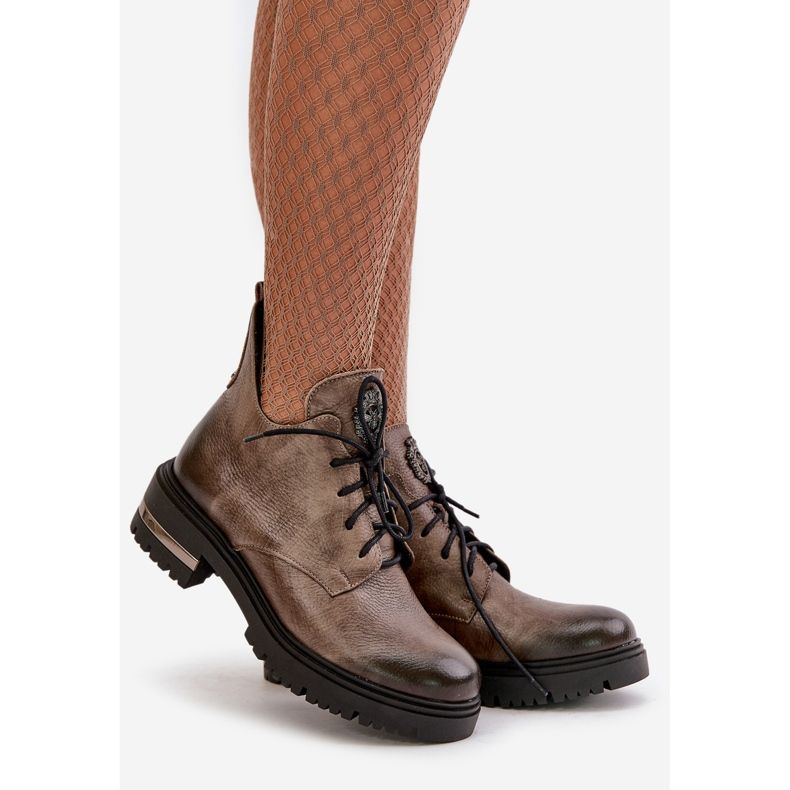 Zazoo 60309 Botas rasas femininas de couro bege escuro 1