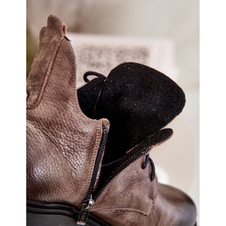 Zazoo 60309 Botas rasas femininas de couro bege escuro 2