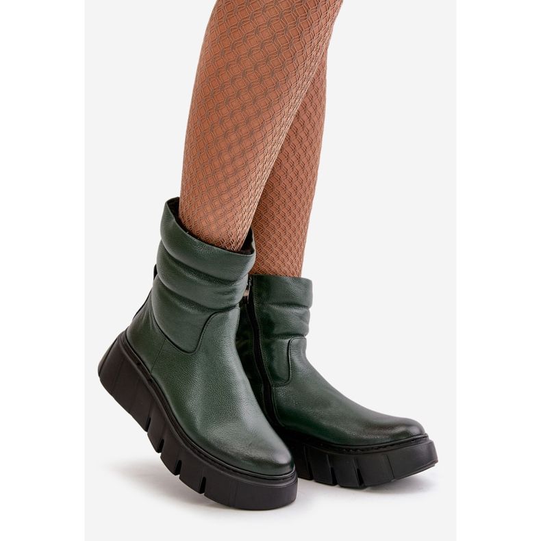 Zazoo 60512 Botas femininas de couro com zíper, quentes com feltro, verde escuro 1