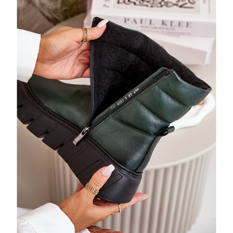 Zazoo 60512 Botas femininas de couro com zíper, quentes com feltro, verde escuro 2