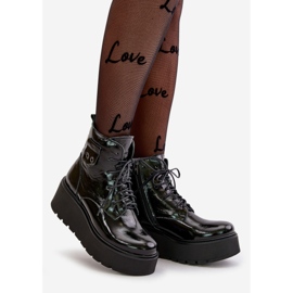 Zazoo 60499 Botas femininas envernizadas com plataforma e cunha de couro natural quente verde escuro preto 1