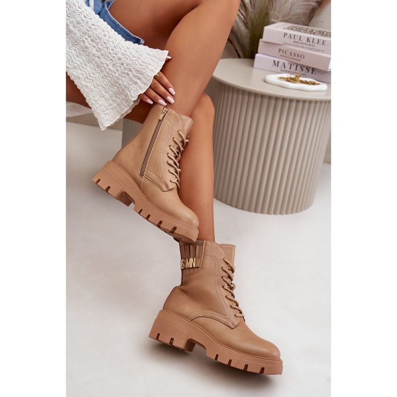 Botins femininos de trabalho com zíper, amarrados, couro ecológico bege Naolani 2