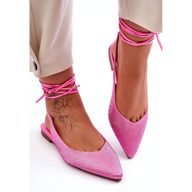 Ballerinas femininas amarradas decoradas com zircões rosa 1