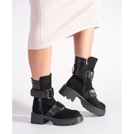 Goodin Botins femininos de camurça preta com fivelas preto 1 Goodin Botins femininos de camurça preta com fivelas preto 1