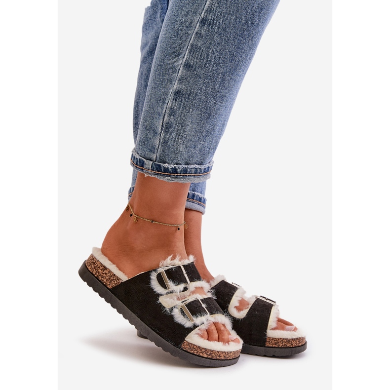 Chinelos femininos chinelos com fivelas e pele, preto Ezilena 1