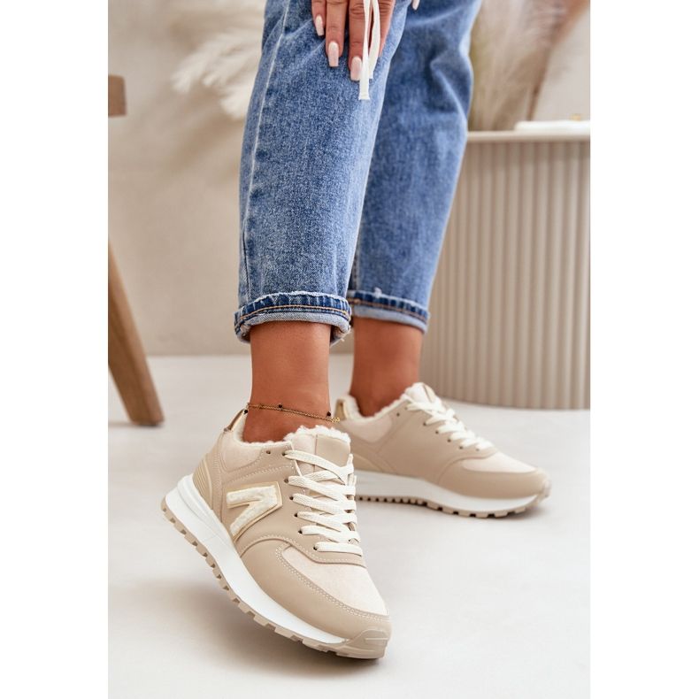 Tênis feminino, calçado esportivo, forrado com pele de carneiro, bege Ciamara 2