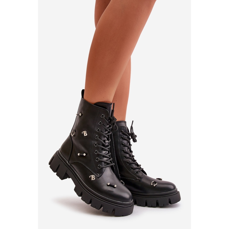 Botas femininas de trabalho com enfeites, couro ecológico, cadenilla preta preto 1