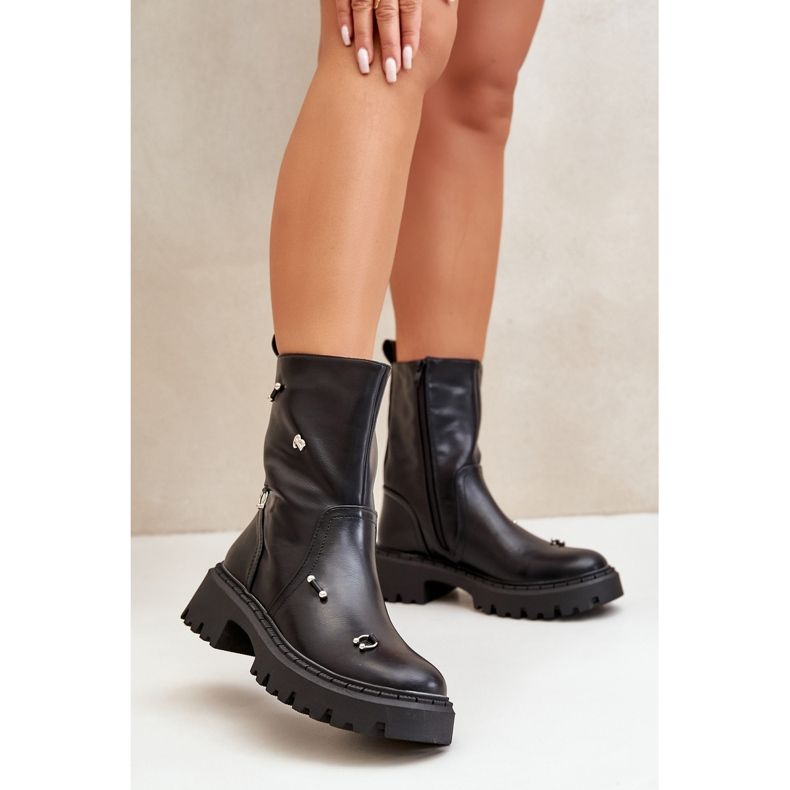 Botins femininos de couro ecológico com zíper e detalhes decorativos, Reritha preto 2