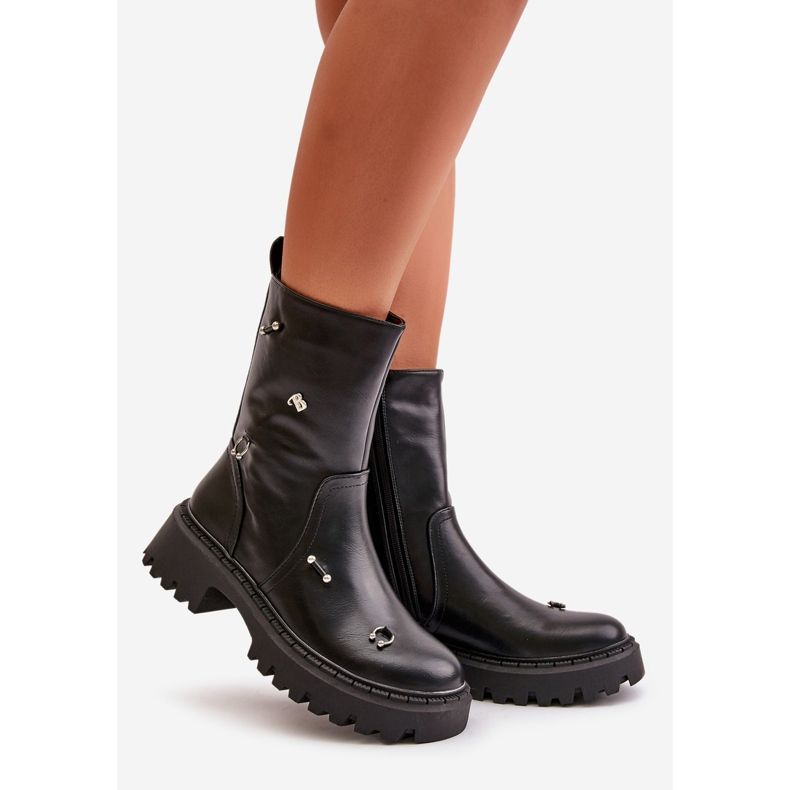 Botins femininos de couro ecológico com zíper e detalhes decorativos, Reritha preto 1