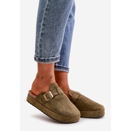 Chinelos femininos com plataforma e fivela dourada, verde escuro Terilaina 1 Chinelos femininos com plataforma e fivela dourada, verde escuro Terilaina 1